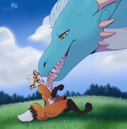 anthro black_body black_fur bodily_fluids cloud duo female female_feral feral field fur hair horn imminent_vore laugh licking male male/female male_anthro open_mouth orange_body orange_fur saliva sitting sitting_on_ground size_difference smile tattoo tongue tongue_out white_body white_fur white_hair irosan mythology sapphire_(itsxanderfox) xander_stock canid canine dragon fox mammal mythological_creature mythological_scalie red_fox scalie true_fox hi_res