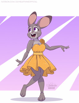 anthro bottomwear breasts cleavage clothed clothing dress eyelashes female flower open_mouth open_smile plant pose purple_eyes skirt smile solo text sammfeatblueheart disney zootopia judy_hopps european_rabbit lagomorph leporid mammal oryctolagus rabbit 2025 absurd_res artist_name hi_res signature url