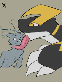anthro belly black_body blue_body claws duo licking male male/male oral_vore tongue vore white_belly white_claws yellow_eyes yelling_mouse palworld pocketpair orserk pal_(species) 3:4 absurd_res hi_res