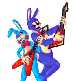 5_fingers anthro black_nose blue_body blue_fur bow_tie buckteeth clothing dipstick_ears duo ear_markings electric_guitar eyelashes eyeshadow fingers freckles fur gloves green_eyes guitar handwear head_tuft machine makeup male multicolored_ears musical_instrument open_mouth open_smile plucked_string_instrument purple_body purple_fur red_cheeks simple_background smile standing string_instrument teeth tongue tuft white_background white_body white_fur imd0g five_nights_at_freddy's five_nights_at_freddy's_2 scottgames bonnie_(fnaf) toy_bonnie_(fnaf) animatronic lagomorph leporid mammal rabbit robot 2020 hi_res