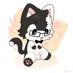 anthro balls biped black_body black_fur blush blush_stickers bow_tie cat_tail cheek_tuft chibi eyewear facial_tuft feet fur fur_tuft genitals glasses head_tuft hindpaw inner_ear_fluff looking_down looking_down_at_genitalia looking_down_at_penis male male_anthro multicolored_body multicolored_fur paws penis pink_penis plantigrade simple_background sitting small_penis solo stubby_legs tapering_penis text three-quarter_view tuft two_tone_body two_tone_fur white_background white_body white_fur zyuuniie reboot_(reboot) domestic_cat felid feline felis mammal 1:1 2025 artist_name digital_drawing_(artwork) digital_media_(artwork) hi_res shaded soft_shading