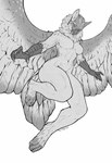 abs anthro breasts digitigrade feathered_wings feathers featureless_breasts female landing low-angle_view muscular muscular_female simple_background solo spread_wings white_background wings silgiriya_mantsugosi mythology avian gryphon mythological_avian mythological_creature greyscale hi_res monochrome