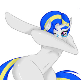 anthro blue_hair dabbing fur hair horn male multicolored_hair navel pink_eyes simple_background solo tail two_tone_hair white_background white_body white_fur white_horn pi9o hasbro my_little_pony mythology fan_character equid equine mammal mythological_creature mythological_equine unicorn meme