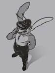 antennae_(anatomy) anthro anthrofied arm_tuft belt biped bottomwear bulge chest_tuft claws clothed clothing detailed_bulge down_the_leg_bulge elbow_tuft finger_claws footwear fur genital_outline grey_background hand_behind_back hat headgear headwear high-angle_view long_ears looking_at_viewer male multicolored_antennae pants penis_outline shoes simple_background smile smirk solo teeth_showing topless topless_anthro topless_male tuft fatzoimp disney lilo_and_stitch leroy_(lilo_and_stitch) alien experiment_(lilo_and_stitch) 2024 digital_drawing_(artwork) digital_media_(artwork) greyscale hi_res monochrome