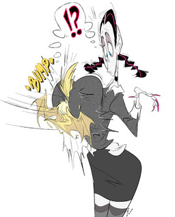 bat_wings big_breasts black_hair blonde_hair blue_eyes breast_squish breasts clothed clothing colored_nails duo female fully_clothed hair huge_breasts humanoid_pointy_ears legwear male membrane_(anatomy) membranous_wings multicolored_hair nails pigtails pink_hair pointy_ears simple_background sound_effects squish stockings thigh_highs white_background wings slb geraldine_ruthmillen verney_ruthmillen bat humanoid mammal vampire 2016 digital_media_(artwork) hi_res