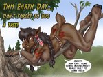 2018 anthro arm_tuft belt bracelet braided_hair breasts brown_body brown_eyes brown_fur brown_hair chest_tuft deer dialogue ear_piercing earth_day elbow_tuft english_text female forest fur furafterdark hair hooves in_tree jewelry knee_tuft leg_tuft looking_at_viewer mammal moose musa_blackhoof new_world_deer nipples nude outside piercing pigtails plant ponytail scut_tail short_tail solo speech_bubble style_wager tail text tree tuft