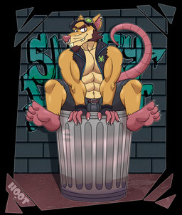 4_toes abs anthro armpit_hair beard belt biceps big_muscles black_border body_hair border bottomwear brick brick_wall brown_hair buckteeth building claws clothed clothing crooked_whiskers curled_tail ear_piercing eyebrow_scar eyebrows eyewear eyewear_on_head facial_hair facial_piercing facial_scar fangs feet finger_claws fur goggles goggles_on_head graffiti graffiti_on_wall hair hairless_tail huge_muscles leaning leaning_forward looking_at_viewer male male_anthro muscular muscular_anthro muscular_male nipples nose_piercing open_clothing open_topwear outline pants pecs piercing rat_tail red_eyes scar sharp_teeth shirtless shirtless_anthro shirtless_male sitting skull_and_crossbones smile smiling_at_viewer soles solo spread_legs spreading tail tan_body tan_fur teeth thick_eyebrows toe_claws toes topwear torn_clothing trash_can wall_(structure) whiskers white_outline wristband yellow_body yellow_fur dg254 alan_nezumi mammal murid murine rat rodent 2026 absurd_res hi_res
