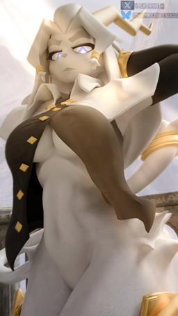 anthro athletic athletic_anthro athletic_female bodily_fluids bottomless breasts clothed clothing female fur glowing glowing_eyes grey_body grey_fur hair horn looking_at_viewer low-angle_view medium_breasts purple_eyes short_hair solo standing sweat tail thick_thighs under_boob white_body white_fur wide_hips samtrix warfaremachine_(modeler) pseudoregalia sybil_(pseudoregalia) warfare_sybil chimera 3d_(artwork) 4k 9:16 absurd_res digital_media_(artwork) hi_res