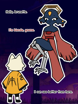 anthro avian_feet black_clothing black_eyes black_footwear black_shoes blue_body blue_fur clothing dialogue dress duo ear_piercing eyelashes female floppy_ears footwear forehead_gem front_view fur gem greeting halo lop_ears male piercing pink_clothing pink_dress prosthetic prosthetic_leg prosthetic_limb shoes tan_body tan_fur text yellow_clothing fluffyloop nine_sols red_candle_games goumang_(nine_sols) yi_(nine_sols) felid feline mammal solarian 3:4 english_text hi_res