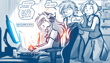 alternate_species angry anthro anthrofied chair clothed clothing computer controller desk dialogue electronics female furniture group headgear headphones headset holding_object horn inside monitor open_mouth side_view sitting table text conditional_dnp tom_fischbach twokinds kathrin_vaughan lady_nora_(twokinds) laura_(twokinds) canid canine domestic_cat felid feline felis fox hybrid keidran mammal 2020 7:4 adobe_photoshop_(artwork) digital_media_(artwork) english_text hi_res monochrome sketch