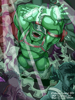 anthro armpit_hair beard body_hair butt chest_hair clothing dancing ear_piercing facial_hair footwear gauged_ear green_body green_skin group hairy harness hat headgear headwear male nipple_piercing nipples piercing socks solo_focus tuskbuddy underwear uvula rickleone orctober humanoid mammal orc
