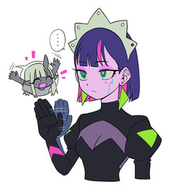 1_eye duo ear_piercing ellipsis eyes_closed female grey_body grey_skin machine not_furry piercing simple_background white_background enaic31 zutomayo nanashi_(zutomayo) nira-chan android demon demon_humanoid humanoid robot hi_res