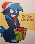 2_claws 3_fingers anthro biped bite black_text blue_body blue_ears blue_fur blue_hair blue_scar blue_tail blue_tuft box christmas_clothing christmas_headwear claws clothing container day_count ears_back eye_scar facial_scar female female_anthro finger_claws fingers fur gift gift_bow gift_box green_gift hair hat hat_only headgear headgear_only headwear headwear_only holidays long_claws mostly_nude mostly_nude_anthro mostly_nude_female outline pivoted_ears pokemorph red_clothing red_eyes red_hat red_headwear red_ribbon ribbon_in_mouth santa_hat scar sharp_teeth solo tail teeth text tuft yellow_outline toxicsoul77 christmas inktober nintendo pokemon payback_(toxicsoul77) generation_2_pokemon mammal mustelid pokemon_(species) sneasel 2018 english_text hi_res pen_(artwork) traditional_media_(artwork)