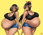 belly big_belly big_breasts blush bottomwear bra breasts cleavage clothed clothing duo eyewear female female/female glasses hand_holding horn hotpants midriff pregnant shorts sports_bra underwear bayoshii animal_humanoid bovid bovid_humanoid bovine bovine_humanoid cattle_humanoid horned_humanoid humanoid mammal mammal_humanoid absurd_res hi_res