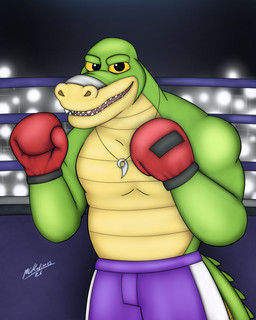 anthro belly bottomwear boxing boxing_gloves clothed clothing fighting_pose fighting_ring green_body handwear jewelry looking_at_viewer male musclegut muscular necklace pose shorts shorts_only smile solo sport topless mckodimus brok_the_investigator cowcat_games brok_(brok_the_investigator) alligator alligatorid crocodilian reptile scalie 4:5 absurd_res hi_res
