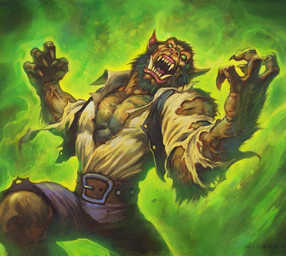 anthro belt bottomwear clothing green_background male open_mouth pants sharp_teeth shirt simple_background solo teeth topwear torn_clothing transformation alex_horley blizzard_entertainment hearthstone warcraft canid mammal werecanid werecreature worgen official_art traditional_media_(artwork)