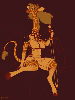 2_toes anthro barefoot big_breasts breasts clothed clothing cloven_hooves digitigrade feet female hair hooves jewelry long_hair long_neck melee_weapon necklace shield simple_background solo sword toes warrior weapon halcy0n giraffe giraffid mammal 2021 3:4 hi_res signature