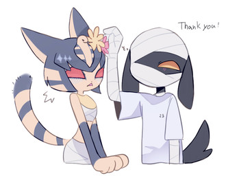 accessory anthro blush clothing duo egyptian egyptian_clothing egyptian_headdress emanata empty_eyes female flower flower_in_hair hair hair_accessory hand_in_hair male mummy_wrappings plant red_eyes simple_background slim tail touching_hair white_background wraps yellow_eyes masayo animal_crossing nintendo ankha_(animal_crossing) lucky_(animal_crossing) canid canine canis domestic_cat domestic_dog felid feline felis mammal mummy undead hi_res
