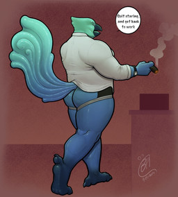 4_toes aged_up anisodactyl anthro beak blue_body butt cigar clock clothing feet jockstrap male mature_male open_beak open_mouth rear_view shirt smoke solo speech_bubble standing tail talking_to_viewer talons text toes topwear underwear watch water wristwatch bambii_arts mythology luuklook avian elemental_creature mythological_avian mythological_bird mythological_creature water_creature water_phoenix absurd_res english_text hi_res