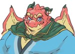 anthro asian_clothing blue_eyes blush clothing east_asian_clothing horn japanese_clothing kimono looking_at_viewer male overweight overweight_male red_body simple_background smile solo white_background wings exe_exem mythology tamacolle oumi_(tamacolle) dragon mythological_creature mythological_scalie scalie bust_portrait portrait