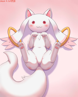 ambiguous_gender big_butt blush butt chest_tuft feral fluffy fluffy_tail fur lying multicolored_body multicolored_fur on_back pawpads pink_pawpads pointy_ears reddened_butt ring smile smiling_at_viewer solo tail thick_thighs tuft white_body white_fur boaz2038 puella_magi puella_magi_madoka_magica kyubey alien 2026 4:5 absurd_res hi_res