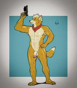 anthro armpit_hair balls biceps biped body_hair claws deltoids finger_claws fingers foreskin fur genital_scar genitals green_eyes gun half-erect handgun kerchief looking_at_viewer male multicolored_body multicolored_fur muscular muscular_anthro muscular_male neckerchief neckwear nude nude_anthro paws pecs penis pistol presenting presenting_penis ranged_weapon red_kerchief red_neckerchief scar simple_background smile smiling_at_viewer solo standing tail teeth two_tone_body weapon yellow_body yellow_fur ariwolfer urso_bear mario_bros nintendo star_fox super_mario_galaxy fox_mccloud canid canine fox mammal hi_res