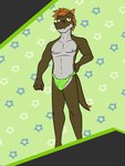 3:4 abstract_background anthro anthrofied bulge cliff_(fuze) clothed clothing fossil_pokemon fuze generation_6_pokemon green_clothing green_thong green_underwear hi_res male navel nintendo nipples pokemon pokemon_(species) pokemorph solo thong thong_only topless tyrunt underwear underwear_only