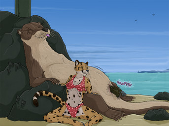 almost_fully_inside anthro anus beach bikini bodily_fluids bra brown_body brown_eyes brown_fur camel_toe clothed clothed_anthro clothed_female clothing eyes_closed feet female female_anthro female_feral female_pred feral feral_pred fur genital_fluids genitals group head_first larger_female larger_feral larger_pred lying markings membrane_(anatomy) on_back onomatopoeia retractable_claws sand sea size_difference smaller_anthro smaller_female sound_effects spots spotted_body spotted_fur swimwear tail tan_body tan_fur text toes tongue tongue_out trio two-piece_swimsuit unbirthing underwear vaginal vaginal_fluids vaginal_foot_gulp vore vulva water webbed_feet whiskers white_body white_fur strega callie_(strega) connie_(strega) naja_(strega) ambient_bird canid canine cheetah felid feline mammal mustelid otter 2025 hi_res