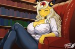 anthro big_breasts blonde_hair bottomwear breasts clothing crossed_legs denim denim_bottomwear denim_clothing female hair jeans library long_hair mature_female pants sitting solo thyhsilverfeet nintendo pokemon ampharos generation_2_pokemon pokemon_(species) absurd_res hi_res