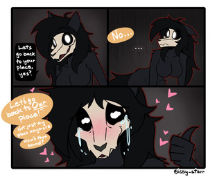 anthro black_body black_hair blush bodily_fluids bone dialogue duo female floating_heart gesture hair hand_gesture heart_symbol long_hair scp-1471 skull skull_head solo speech_bubble tears text thumbs_up icey_(artist) scp_foundation scp-1471-a canid canine malo mammal skulldog_(species) comic english_text hi_res