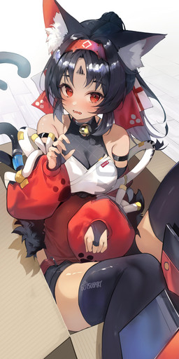 2_tails animal_ears bell bell_collar blush box breasts clothed clothed_female clothed_humanoid clothing collar container dark_body dark_skin female fully_clothed fully_clothed_female fully_clothed_humanoid in_box in_container inner_ear_fluff multi_tail red_eyes simple_background sitting solo tail tuft white_background norankkori mihoyo zenless_zone_zero nekomiya_mana animal_humanoid cat_humanoid felid felid_humanoid feline feline_humanoid humanoid mammal mammal_humanoid thiren 1:2 2024 absurd_res hi_res