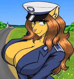 anthro breasts brown_hair candy clothing dessert ears_down eyebrows female food fur green_eyes hair hat headgear headwear lollipop open_mouth pivoted_ears poland police police_hat police_officer police_uniform polish_people's_republic smile smiling_at_viewer solo uniform wearing_hat yellow_body yellow_fur chisheq aneta_(chisheq) domestic_cat felid feline felis mammal hi_res