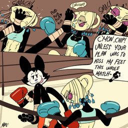 4_toes anthro black_arms black_body black_fur bottomwear boxing_gloves bruised bruised_eye clothing cocky cocky_smile container cup dialogue duo face_kick feet female fighting_ring foot_in_face foot_on_mouth foot_wrapping foot_wrappings foot_wraps for_a_head fur handwear kick kickboxing leg_wraps mouthguard muay_thai muscular muscular_female shorts speech_bubble tall_girl tassels tea_bag tea_cup teasing text toes tongue tongue_out toony topwear white_face wraps yellow_body fellowthewulf cuphead_(game) studio_mdhr chloe_(fellowthewulf) fan_character miss_tea_(netto-painter) humanoid mammal object_head unknown_species 1:1 comic english_text hi_res