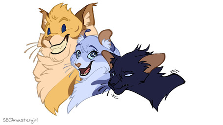ambiguous_gender black_body black_fur blue_body blue_eyes blue_fur feral feralized fluffy fur grey_body grey_fur group multicolored_body multicolored_fur sharp_teeth simple_background size_difference smile teeth text trio white_background yellow_body yellow_fur segamastergirl warriors_(book_series) mirio_togata nejire_hado tamaki_amajiki domestic_cat felid feline felis mammal 16:9 artist_name crossover headshot_portrait hi_res portrait widescreen
