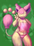 2015 abstract_background anthro anthrofied apron big_breasts biped breasts clothed clothing elpatrixf eyes_closed felid female generation_3_pokemon hand_on_hip mammal navel nintendo panties partially_clothed pokemon pokemon_(species) pokemorph simple_background skitty slightly_chubby smile solo standing underwear