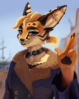anthro blue_eyes boat clothing coat ear_piercing ear_ring facial_piercing female gesture industrial_piercing looking_at_viewer nose_piercing nose_ring piercing ring_piercing sailing_boat sailing_watercraft septum_piercing septum_ring smile solo topwear vehicle watercraft galinn-arts felid feline mammal serval 4:5 hi_res
