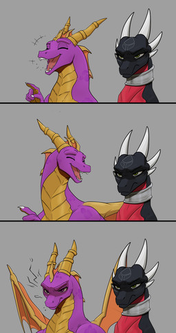 angry black_body countershade_neck countershading duo eyes_closed female feral gesture green_eyes grey_background hand_gesture horn jewelry laugh male necklace pointing purple_body purple_eyes red_body red_countershading simple_background white_horn wings yellow_body yellow_countershading yellow_horn yellow_wings apollyondragon activision mythology spyro_the_dragon unamused_friend_comic_(meme) cynder spyro dragon mythological_creature mythological_scalie scalie 2026 comic digital_drawing_(artwork) digital_media_(artwork) hi_res meme