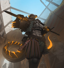 abs anthro big_breasts breasts building clothing female glowing glowing_markings glowing_nails low-angle_view markings melee_weapon muscular muscular_anthro muscular_female non-mammal_breasts red_sclera solo sword tail tight_clothing topwear vest weapon weapon_on_shoulder glewes dungeons_and_dragons hasbro wizards_of_the_coast dragonborn_(dnd) scalie hi_res