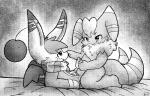 anthro clothed clothing duo genitals male male/male nude open_mouth penis sex stripes zaaru nintendo pokemon erakir felid feline generation_6_pokemon mammal meowstic pokemon_(species) greyscale monochrome