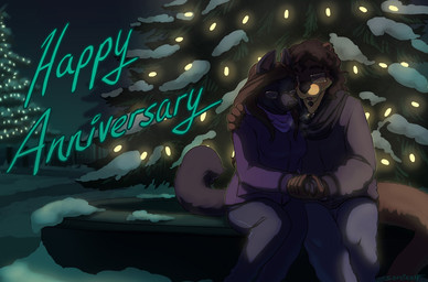 anthro bench bottomwear breath christmas_decorations christmas_lights christmas_tree clothed clothing cold duo eyewear facial_hair female glasses goatee hand_holding holidays lights male night on_bench outside pants plant romantic romantic_ambiance romantic_couple sitting snow text tree winter conditional_dnp sefeiren christmas canid canine canis mammal mustelid otter wolf 2014