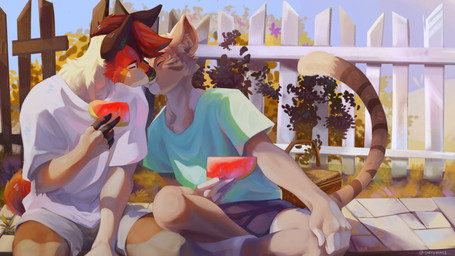 5_fingers blue_clothing blue_shirt blue_topwear bottomwear brown_body brown_fur clothed clothing day detailed_background duo eyes_closed fence fingers food fruit fur holding_object kissing light male male/male melon outside plant shirt shorts sitting sitting_on_ground sunlight sunny text topwear white_clothing white_shirt white_topwear dirtypawsz_(artist) canid canine canis domestic_cat domestic_dog felid feline felis mammal absurd_res artist_name hi_res