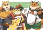 anthro bottomwear clothing eyes_closed food fruit group kemono male orange_(fruit) orange_body overweight overweight_male plant shirt shorts suspenders topwear yellow_body ayame42612 tamacolle iyo_(tamacolle) kai_(tamacolle) musashi_(tamacolle) canid canine canis domestic_dog felid fox mammal pantherine tiger 2023