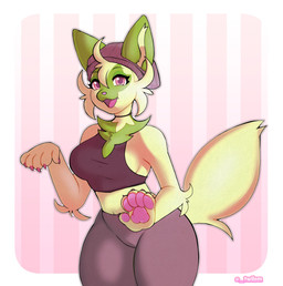 5_fingers anthro anthrofied arm_tuft beanie bottomwear breasts cheek_tuft chest_tuft choker claws clothing crop_top elbow_tuft facial_markings facial_tuft fangs female fingers fur green_body green_fur happy hat head_markings head_tuft headgear headwear jewelry looking_at_viewer markings midriff navel neck_tuft necklace open_mouth pants pattern_background pawpads pink_eyes pink_nose pink_tongue pokemorph shirt side_boob simple_background smile solo standing teeth thick_thighs tight_clothing tongue topwear tuft wide_hips twilem nintendo pokemon felid feline generation_9_pokemon mammal pokemon_(species) sprigatito 2022 absurd_res digital_drawing_(artwork) digital_media_(artwork) hi_res signature
