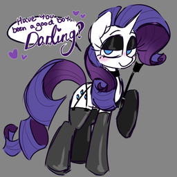 blue_eyes blush clothing cutie_mark female feral fur gloves grey_background hair half-closed_eyes handwear heart_symbol horn latex latex_clothing latex_gloves latex_handwear latex_legwear latex_thigh_highs legwear looking_at_viewer narrowed_eyes purple_hair purple_tail riding_crop simple_background solo speech_bubble suggestive_dialogue tail talking_to_viewer text thigh_highs whip white_body white_fur thatponybell friendship_is_magic hasbro my_little_pony mythology rarity_(mlp) equid equine mammal mythological_creature mythological_equine unicorn 2026 digital_drawing_(artwork) digital_media_(artwork) english_description english_text hi_res
