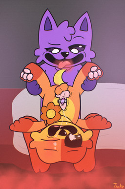 anthro bed bedroom_eyes black_eyes bodily_fluids breathing chibi cum cum_in_eye cum_on_face cum_on_penis cum_on_self cum_string cumshot ejaculation fur furniture genital_fluids genitals holding_both_legs jewelry knot knotted_penis looking_pleasured male male/male narrowed_eyes necklace open_mouth orange_body orange_fur pawpads paws penile penis pupils purple_body purple_fur red_smoke seductive sex_toy smoke smoke_from_mouth spread_legs spreading tongue tongue_out vibrator vibrator_on_penis white_pupils tinky mob_entertainment poppy_playtime smiling_critters catnap_(poppy_playtime) dogday_(poppy_playtime)