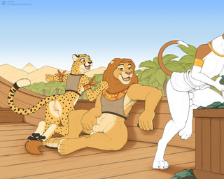 animal_genitalia anthro balls bottomless bottomless_anthro brown_body brown_fur butt casual_exposure clothed clothing desert female fully_sheathed fur genitals gold_(metal) gold_jewelry group jewelry male mane pawpads sheath smile tail tail_tuft tan_body tan_fur text topwear topwear_only trio tuft vulva jishinu canid canine canis cheetah domestic_dog felid feline lion mammal pantherine 5:4 hi_res url