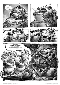 angry anthro armor balls belly big_belly bottomwear box clothing container dialogue food genitals group headgear helmet male open_mouth overweight overweight_male pants pizza pizza_box shirt sitting text topwear jwbalsley boss_rat chester_the_rat stinky_the_rat mammal murid murine rat rodent 2025 comic english_text hi_res monochrome