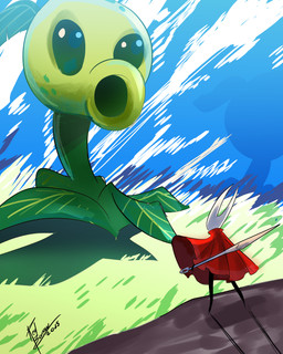 2_horns ambiguous_gender anthro biped cloak clothing day grass holding_melee_weapon holding_object holding_weapon horn leaf melee_weapon outside plant red_cloak red_clothing shadow solo standing weapon redborrow electronic_arts hollow_knight_(franchise) plants_vs._zombies popcap_games team_cherry hornet_(hollow_knight) arthropod elemental_creature flora_fauna peashooter_(pvz) 2025 4:5 absurd_res hi_res signature female_(lore)