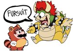 anthro biped clothing costume duo facial_hair humanoid_hands humor male mustache simple_background slightly_chubby surprise tanuki_costume text white_background lewdookami mario_bros nintendo bowser mario tanuki_mario canid canine human koopa mammal raccoon_dog scalie tanuki 2022 english_text