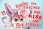 ambiguous_gender blue_background blue_eyes bow_(feature) command dialogue exclamation_point feral heart_symbol looking_at_viewer open_mouth pink_body pink_ears red_text ribbons_(anatomy) simple_background solo text upset white_body discocci nintendo pokemon eeveelution generation_6_pokemon pokemon_(species) sylveon